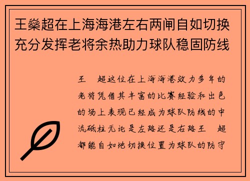 王燊超在上海海港左右两闸自如切换充分发挥老将余热助力球队稳固防线